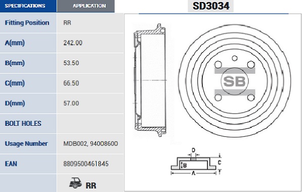 Барабан тормозной DAEWOO EsperoLanosNexiaNubiraOPEL Ascona BC SD3034