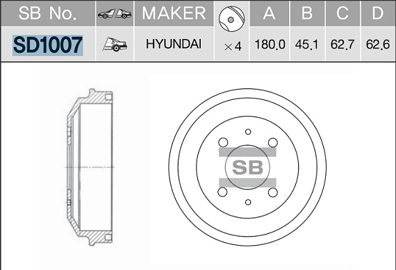 Барабан тормозной HYUNDAI ACCENT 03- (ТАГАЗ) SD1007